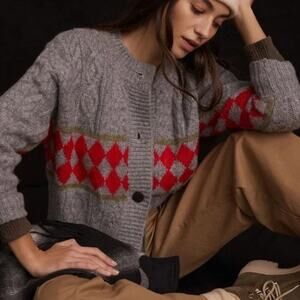Anthropologie Maeve Gray Red Argyle Cardigan Sweater Small Preppy Academia